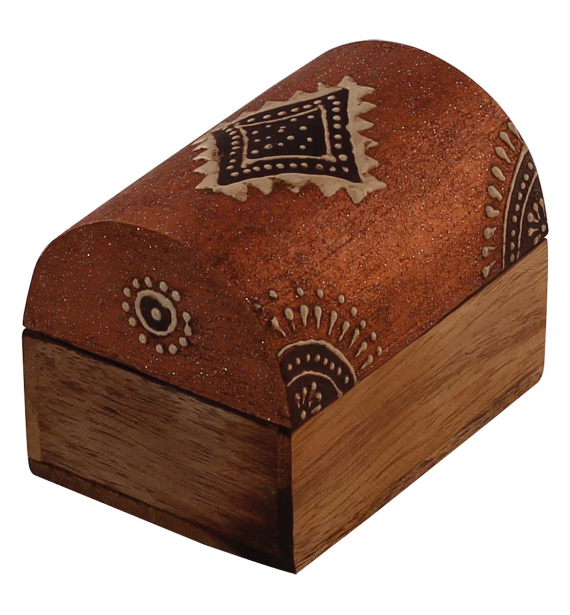 3x2” Trunk Shaped Wooden Jewelry Box in Bulk - Wholesale Handmade Rust-Brown & Natural-Wood Keepsake Box/Trinket Box Enhanced with Colorful Traditional-Look Motifs in Cone-Painting Art from India