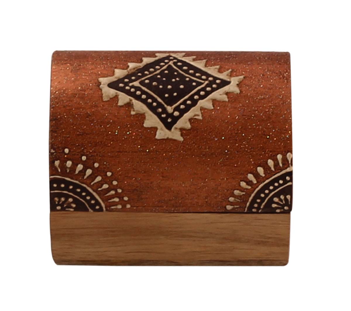 3x2” Trunk Shaped Wooden Jewelry Box in Bulk - Wholesale Handmade Rust-Brown & Natural-Wood Keepsake Box/Trinket Box Enhanced with Colorful Traditional-Look Motifs in Cone-Painting Art from India