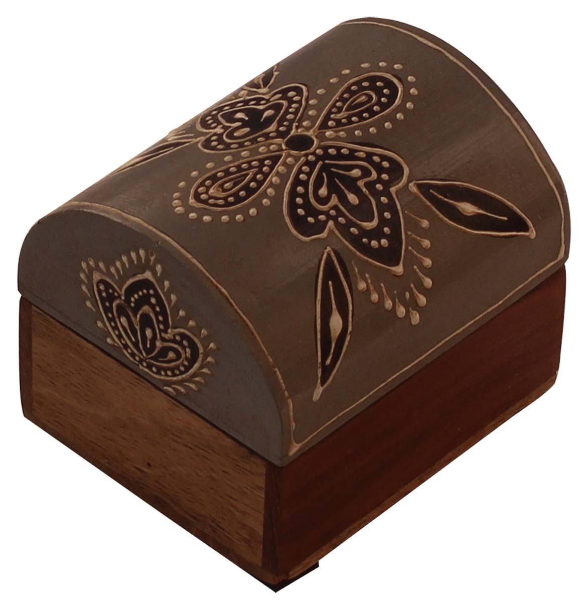 Wholesale 3x2.5” Trunk Shaped Wooden Jewelry Box in Bulk - Source Handmade Keepsake Box/Trinket Box in Gray & Natural-Wood Color Decorated with Colorful Traditional-Look Motifs in Cone-Painting Art from India
