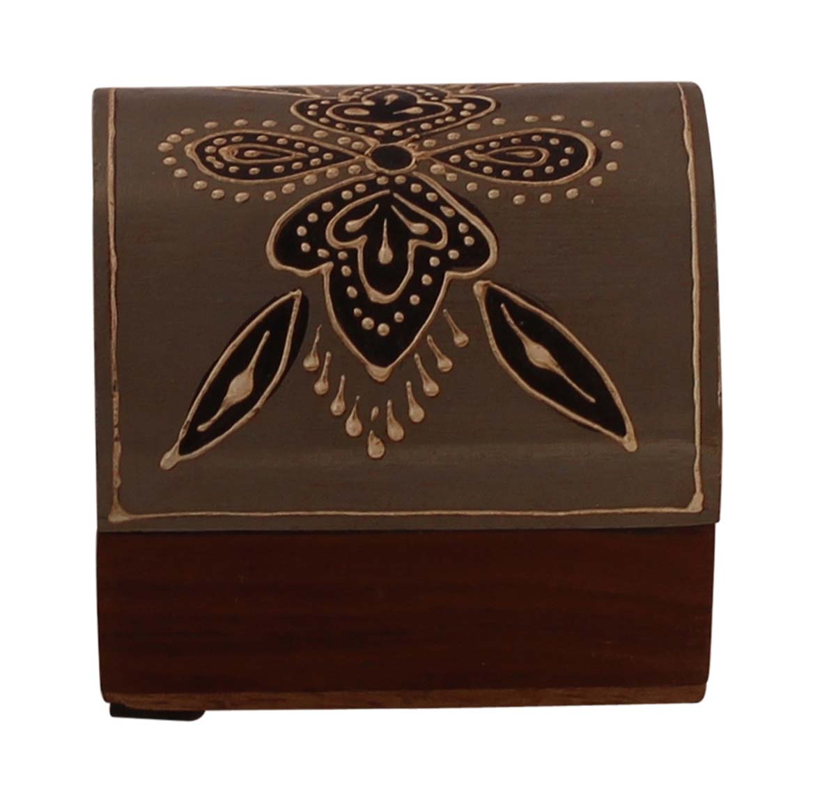 Wholesale 3x2.5” Trunk Shaped Wooden Jewelry Box in Bulk - Source Handmade Keepsake Box/Trinket Box in Gray & Natural-Wood Color Decorated with Colorful Traditional-Look Motifs in Cone-Painting Art from India