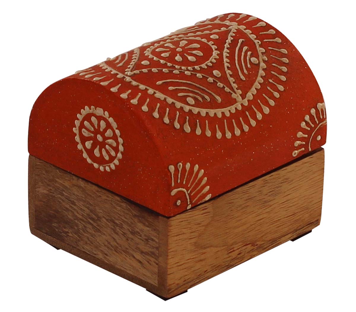 3x2.5” Trunk Shaped Wooden Jewelry Box in Bulk - Wholesale Handmade Orange & Natural-Wood Keepsake Box/Trinket Box Enhanced with Colorful Traditional-Look Motifs in Cone-Painting Art from India