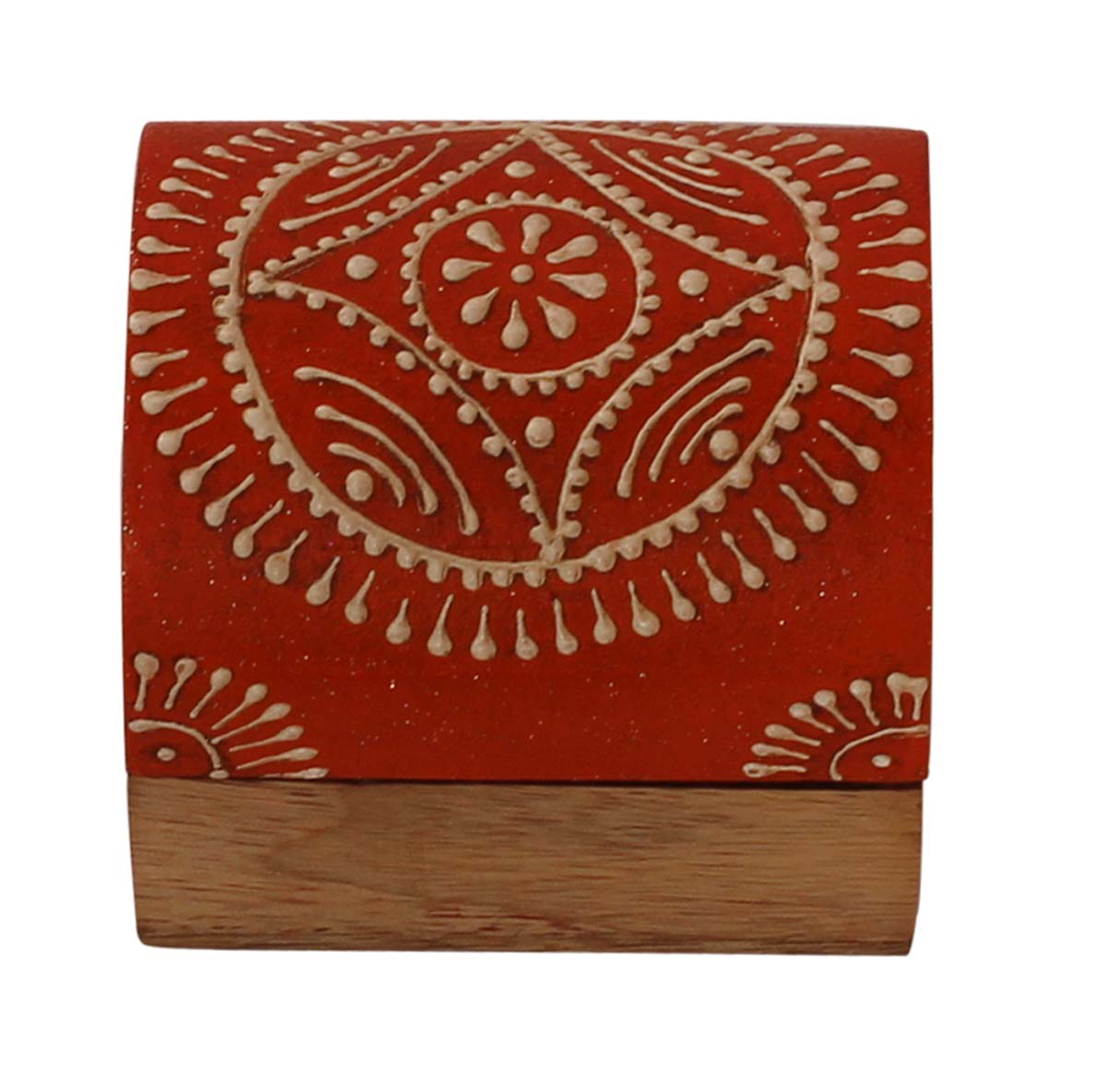 3x2.5” Trunk Shaped Wooden Jewelry Box in Bulk - Wholesale Handmade Orange & Natural-Wood Keepsake Box/Trinket Box Enhanced with Colorful Traditional-Look Motifs in Cone-Painting Art from India
