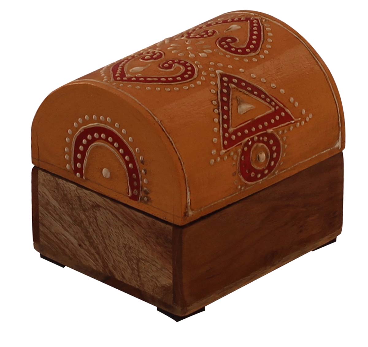 Wholesale 3x2.5” Trunk Shaped Wooden Jewelry Box in Bulk - Source Handmade Keepsake Box/Trinket Box in Mustard-Yellow & Natural-Wood Color Decorated with Colorful Traditional-Look Motifs in Cone-Painting Art from India