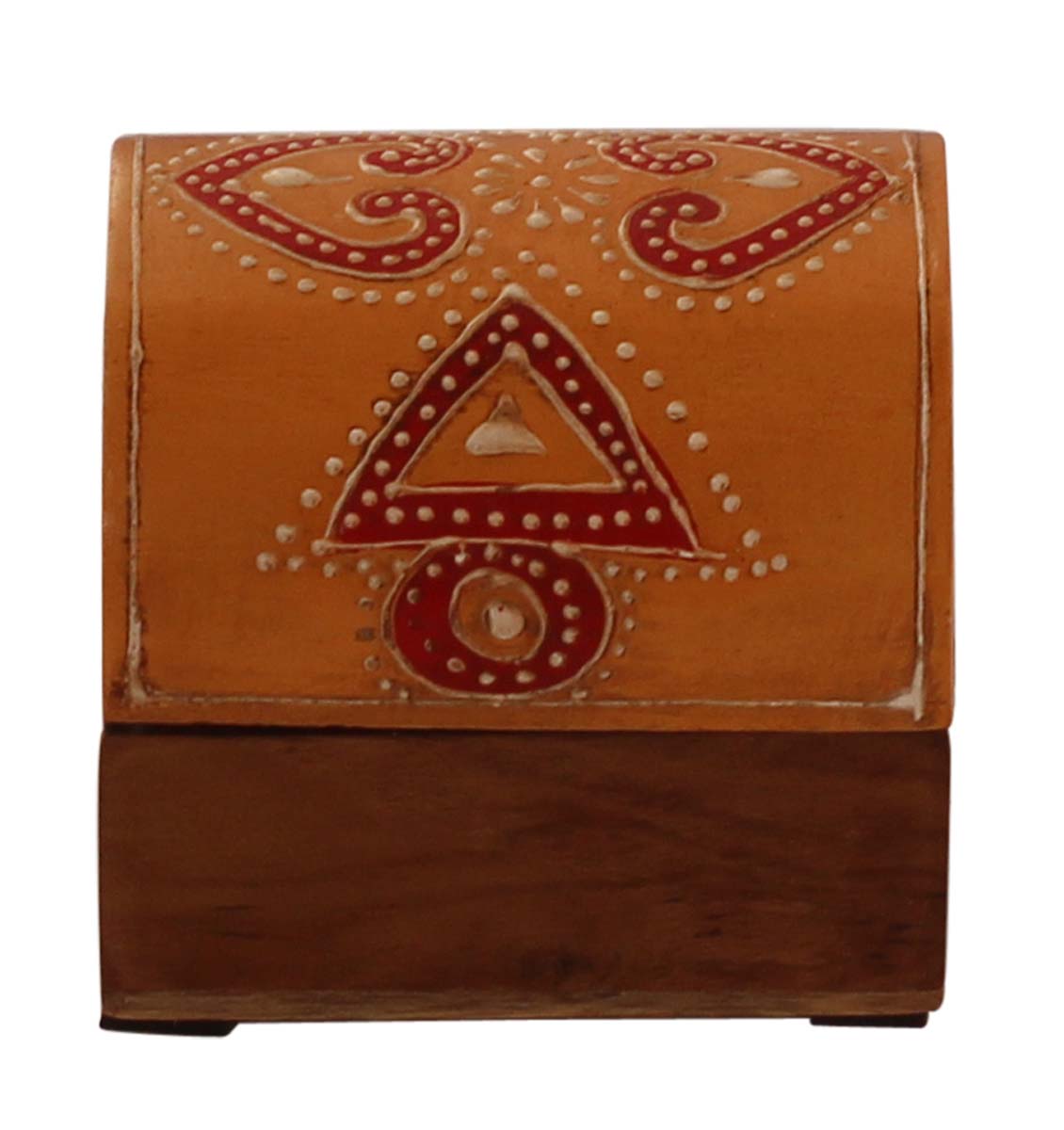 Wholesale 3x2.5” Trunk Shaped Wooden Jewelry Box in Bulk - Source Handmade Keepsake Box/Trinket Box in Mustard-Yellow & Natural-Wood Color Decorated with Colorful Traditional-Look Motifs in Cone-Painting Art from India