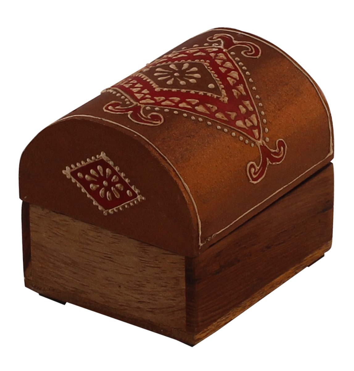 3x2.5” Trunk Shaped Wooden Jewelry Box in Bulk - Wholesale Handmade Copper Brown & Natural-Wood Keepsake Box/Trinket Box Enhanced with Colorful Traditional-Look Motifs in Cone-Painting Art from India