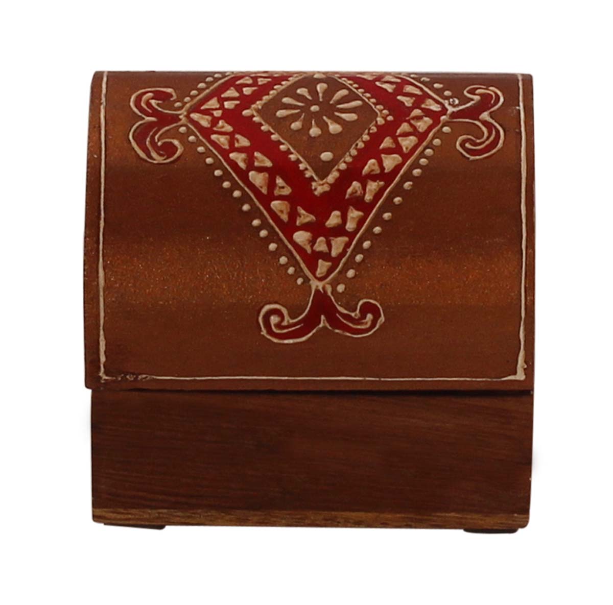 3x2.5” Trunk Shaped Wooden Jewelry Box in Bulk - Wholesale Handmade Copper Brown & Natural-Wood Keepsake Box/Trinket Box Enhanced with Colorful Traditional-Look Motifs in Cone-Painting Art from India