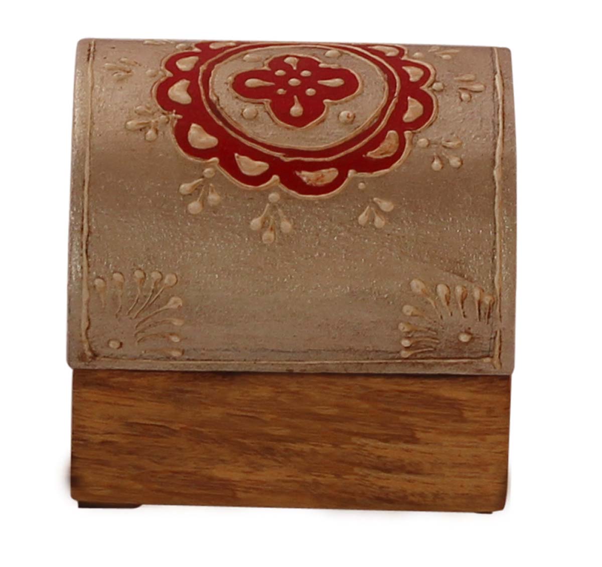 Source 3x2.5” Trunk Shaped Wooden Jewelry Box in Bulk - Wholesale Handmade Keepsake Box/Trinket Box in Silver & Natural-Wood Color Decorated with Colorful Traditional-Look Motifs in Cone-Painting Art from India