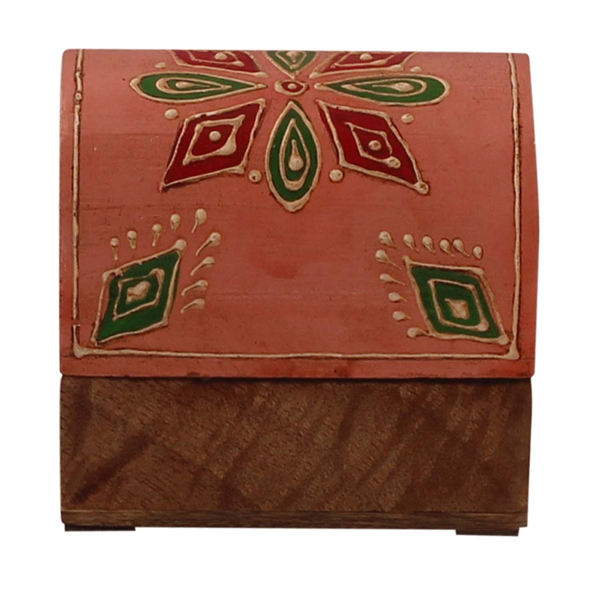 3x2.5” Trunk Shaped Wooden Jewelry Box in Bulk - Wholesale Handmade Light-Pink & Natural-Wood Keepsake Box/Trinket Box Enhanced with Colorful Traditional-Look Motifs in Cone-Painting Art from India