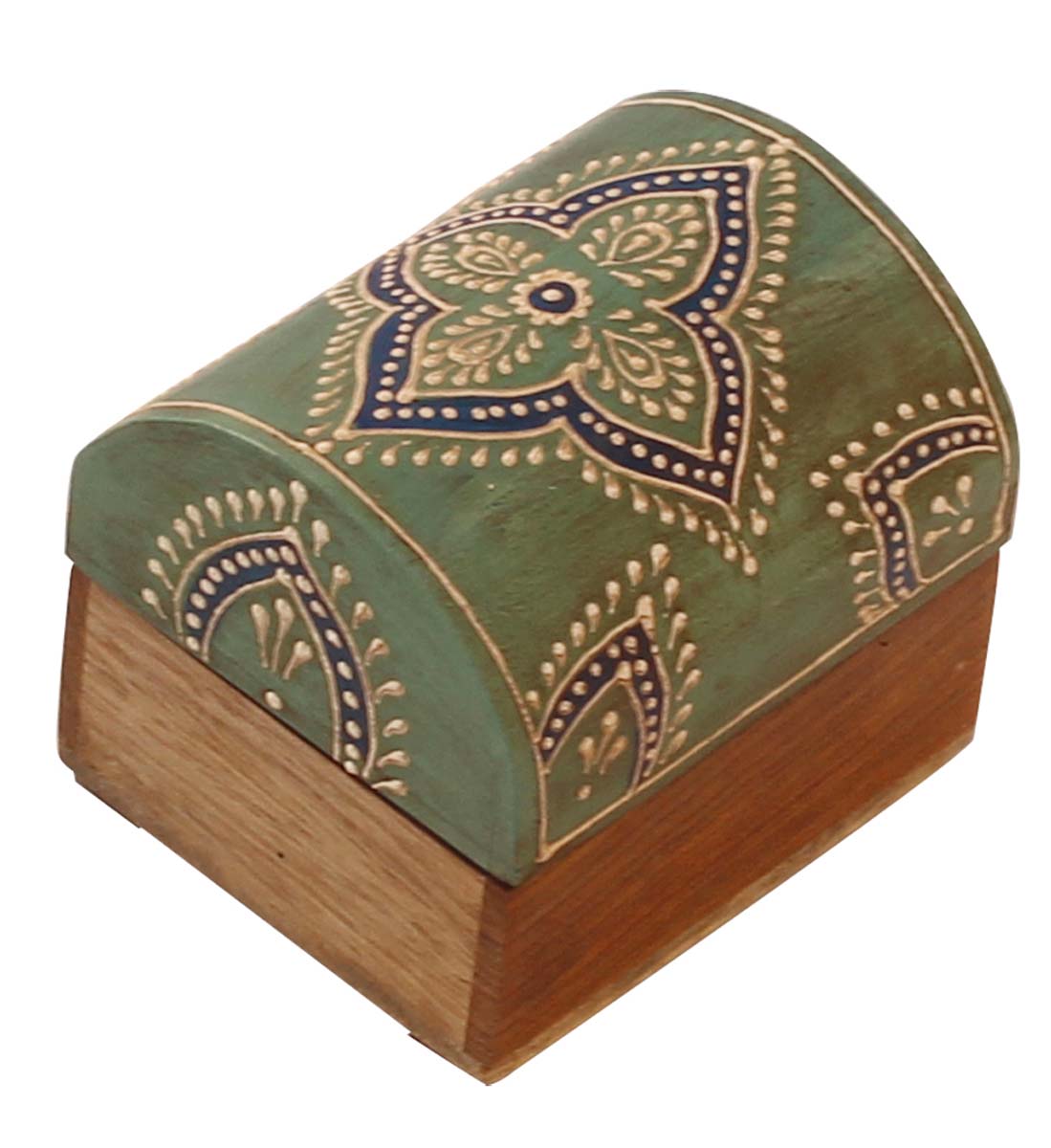 Source 3x2.5” Trunk Shaped Wooden Jewelry Box in Bulk - Wholesale Handmade Keepsake Box/Trinket Box in Light-Green & Natural-Wood Color Decorated with Colorful Traditional-Look Motifs in Cone-Painting Art from India