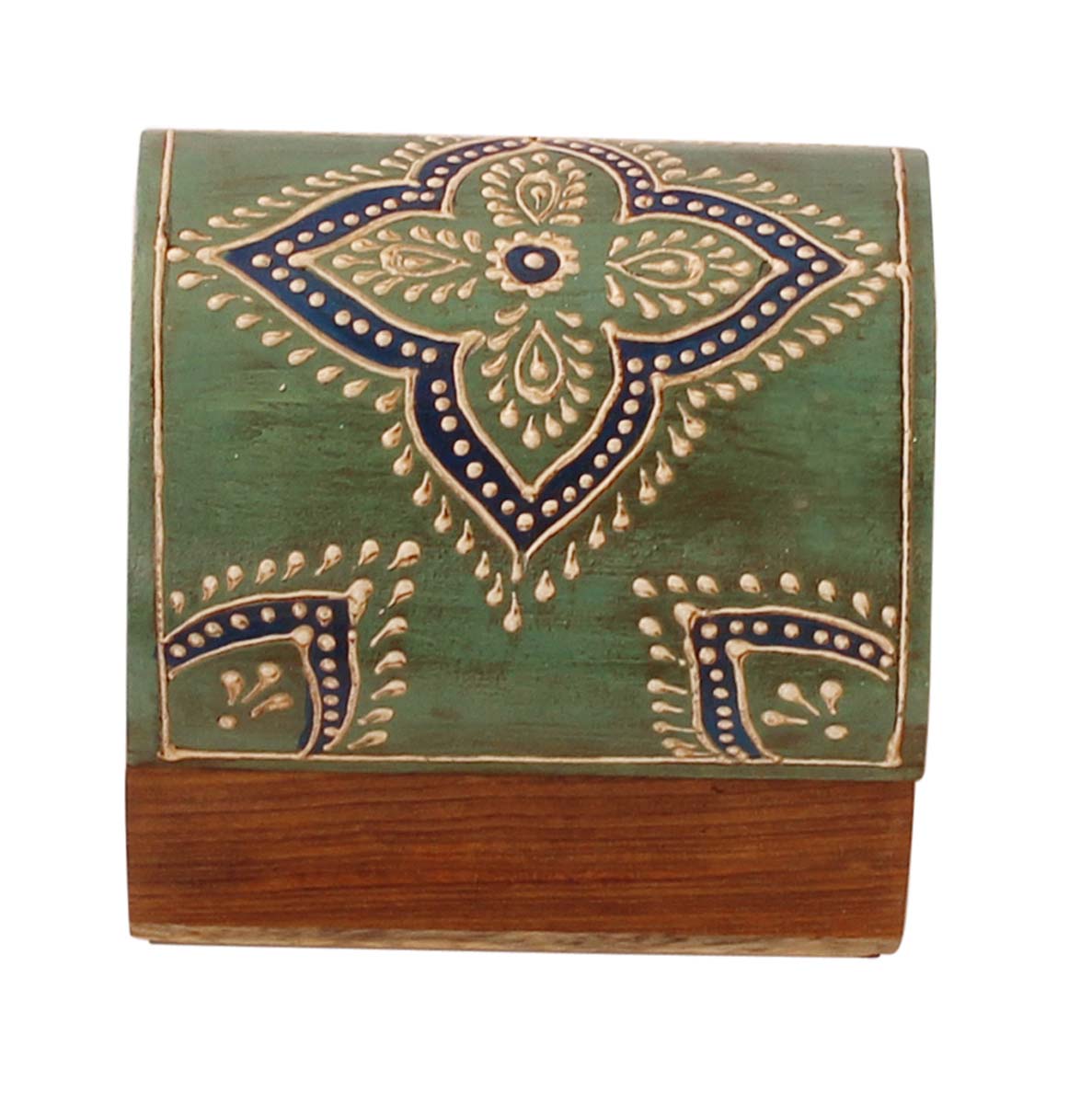 Source 3x2.5” Trunk Shaped Wooden Jewelry Box in Bulk - Wholesale Handmade Keepsake Box/Trinket Box in Light-Green & Natural-Wood Color Decorated with Colorful Traditional-Look Motifs in Cone-Painting Art from India