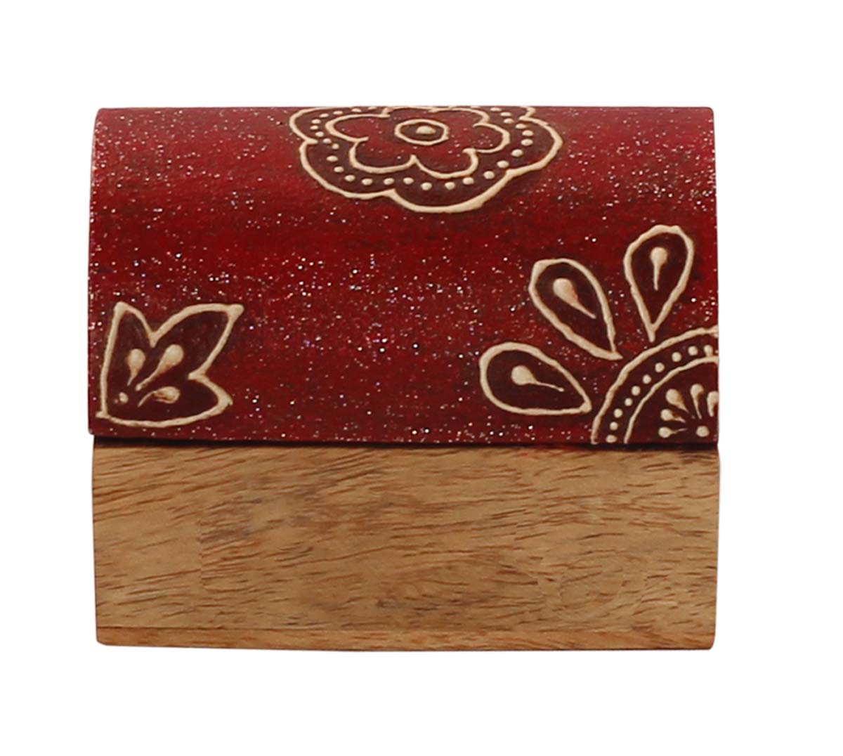 Source 3x2” Trunk Shaped Wooden Jewelry Box in Bulk - Wholesale Handmade Maroon & Natural-Wood Keepsake Box/Trinket Box Enhanced with Colorful Floral Motifs in Cone-Painting Art from India