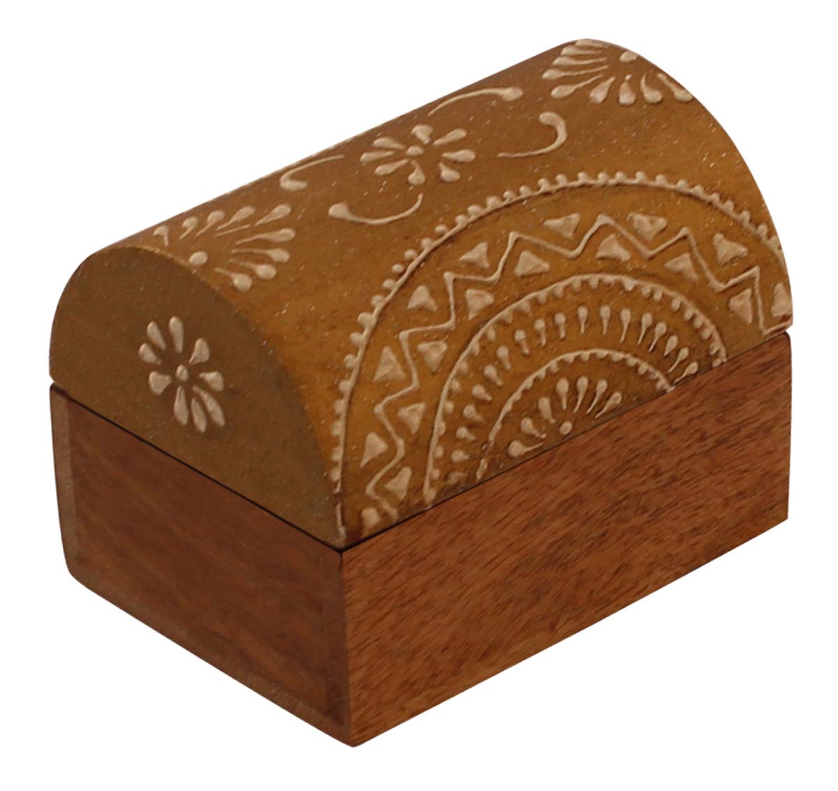 Source 3x2” Trunk Shaped Wooden Jewelry Box in Bulk - Wholesale Handmade Keepsake Box/Trinket Box in Golden & Natural-Wood Color Decorated with Colorful Traditional-Look Motifs in Cone-Painting Art from India