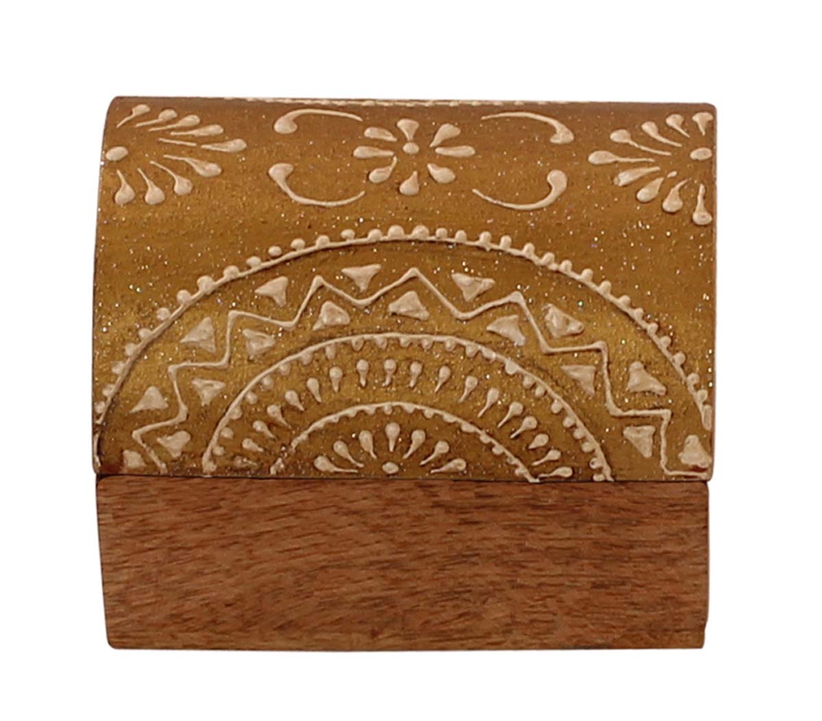 Source 3x2” Trunk Shaped Wooden Jewelry Box in Bulk - Wholesale Handmade Keepsake Box/Trinket Box in Golden & Natural-Wood Color Decorated with Colorful Traditional-Look Motifs in Cone-Painting Art from India