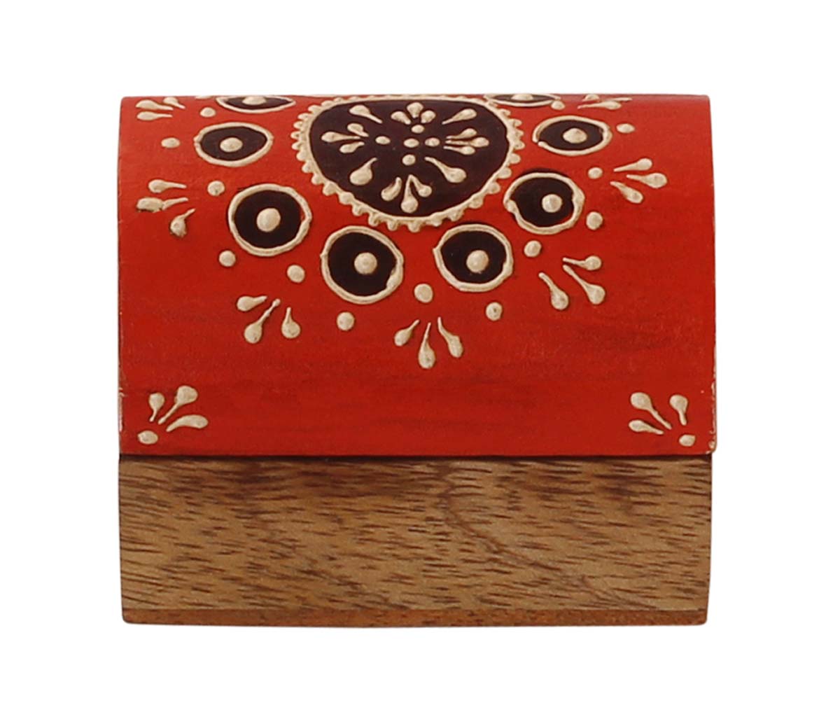 Trunk Shaped Wooden Jewelry Box in Bulk - Wholesale 3” Handmade Keepsake Box/Trinket Box in Red & Natural-Wood Color Decorated with Cone-Painting Art from India
