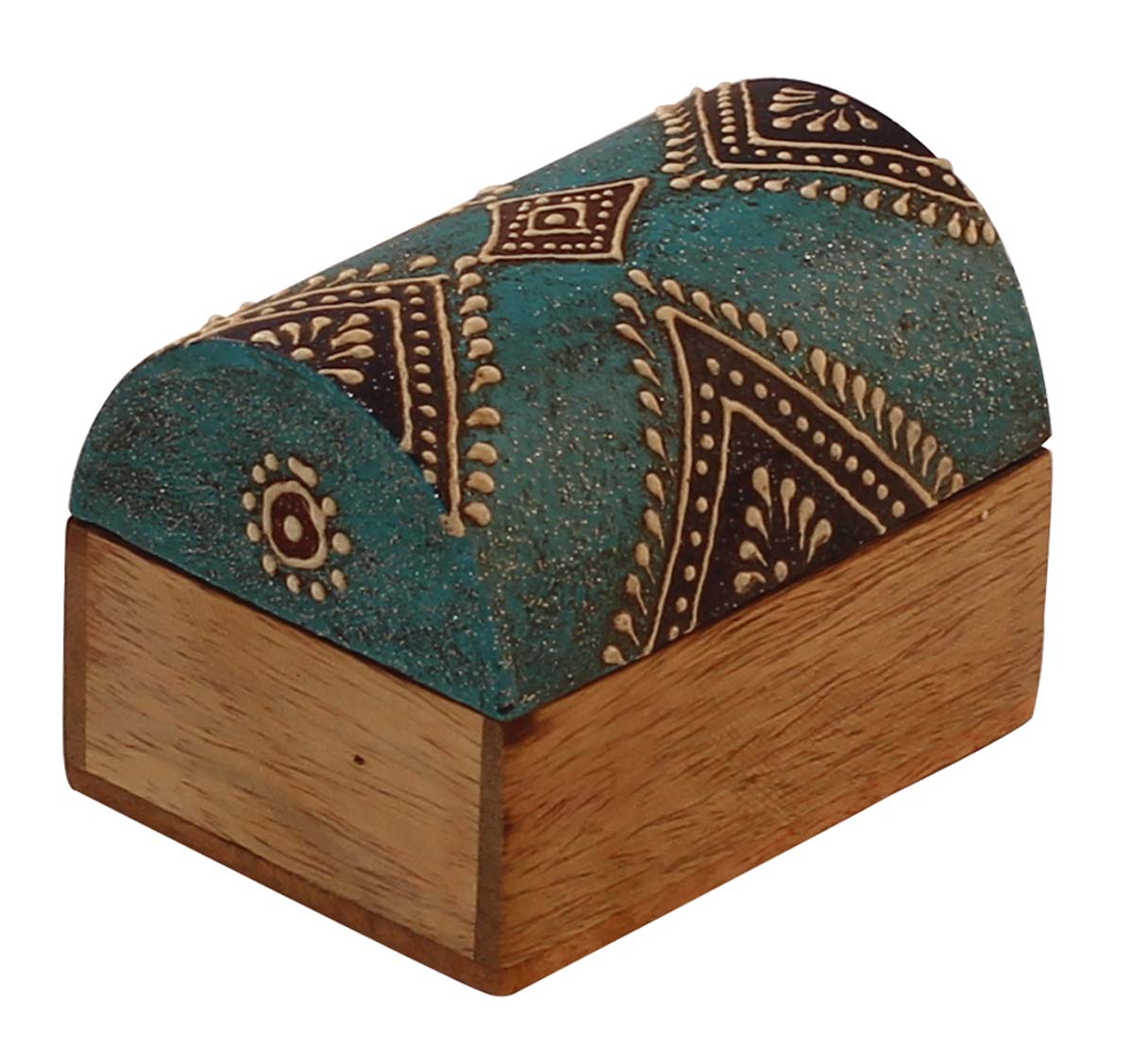 Source 3x2” Trunk Shaped Wooden Jewelry Box in Bulk - Wholesale Handmade Light-Blue & Natural-Wood Keepsake Box/Trinket Box Enhanced with Bright Cone-Painting Art from India