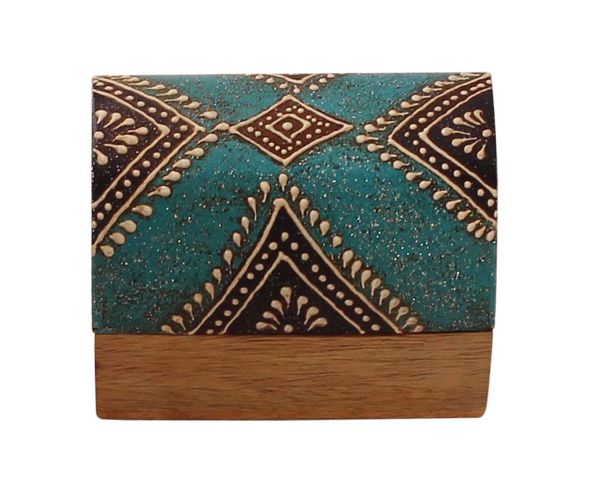 Source 3x2” Trunk Shaped Wooden Jewelry Box in Bulk - Wholesale Handmade Light-Blue & Natural-Wood Keepsake Box/Trinket Box Enhanced with Bright Cone-Painting Art from India