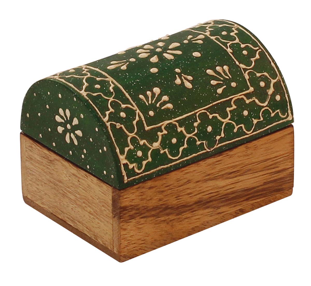 Source 3x2” Trunk Shaped Wooden Jewelry Box in Bulk - Wholesale Handmade Keepsake Box/Trinket Box in Dark-Green & Natural-Wood Color Decorated with Bright Cone-Painting Art from India