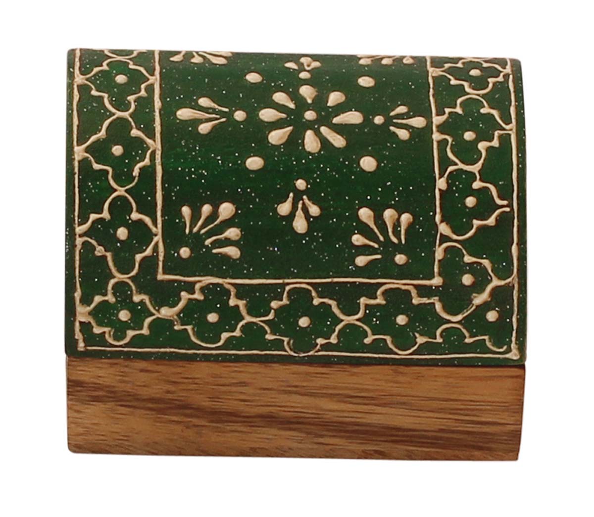 Source 3x2” Trunk Shaped Wooden Jewelry Box in Bulk - Wholesale Handmade Keepsake Box/Trinket Box in Dark-Green & Natural-Wood Color Decorated with Bright Cone-Painting Art from India