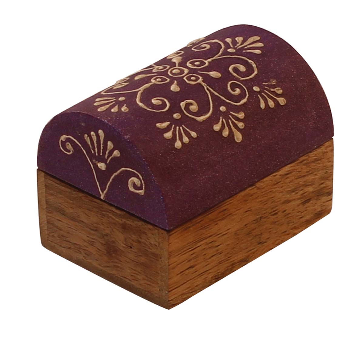 Wholesale 3x2” Trunk Shaped Wooden Jewelry Box in Bulk - Source Handmade Purple & Natural-Wood Keepsake Box/Trinket Box Enhanced with Bright Cone-Painting Art from India