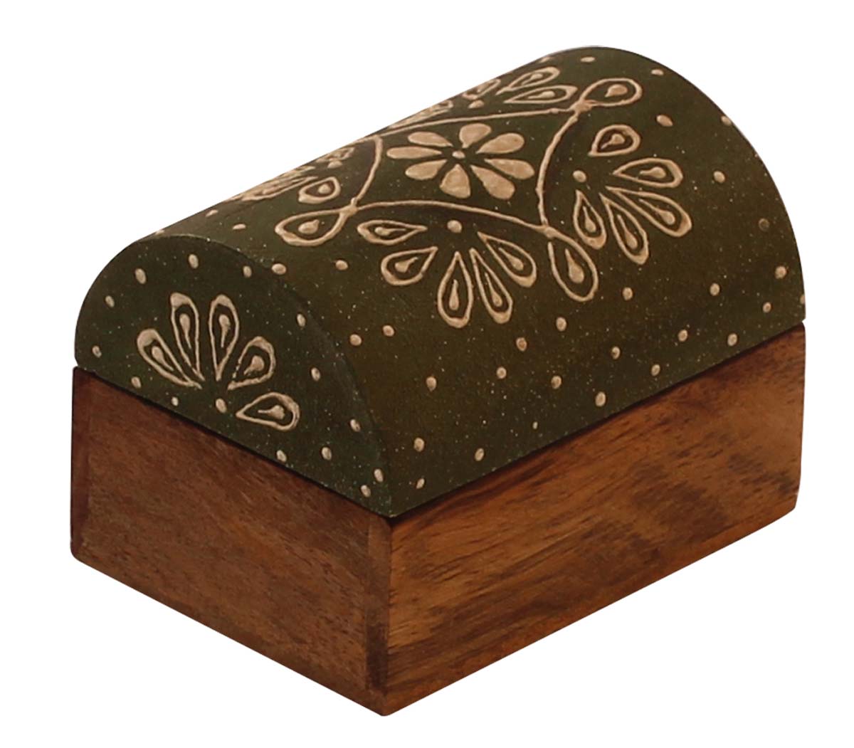 Source 3x2” Trunk Shaped Wooden Jewelry Box in Bulk - Wholesale Handmade Keepsake Box/Trinket Box in Olive-Green & Natural-Wood Color Decorated with Bright Cone-Painting Art - Ethnic-Look Boxes from India