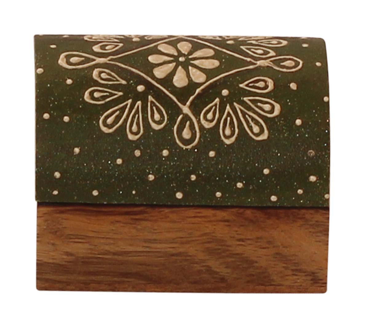 Source 3x2” Trunk Shaped Wooden Jewelry Box in Bulk - Wholesale Handmade Keepsake Box/Trinket Box in Olive-Green & Natural-Wood Color Decorated with Bright Cone-Painting Art - Ethnic-Look Boxes from India