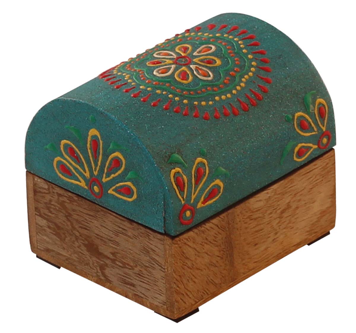 3x2” Trunk Shaped Wooden Jewelry Box in Bulk - Wholesale Handmade Sky-Blue & Natural-Wood Keepsake Box/Trinket Box Enhanced with Bright Cone-Painting Art from India