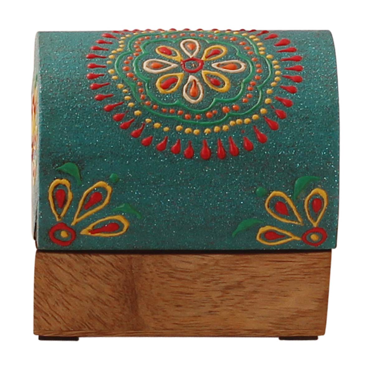 3x2” Trunk Shaped Wooden Jewelry Box in Bulk - Wholesale Handmade Sky-Blue & Natural-Wood Keepsake Box/Trinket Box Enhanced with Bright Cone-Painting Art from India