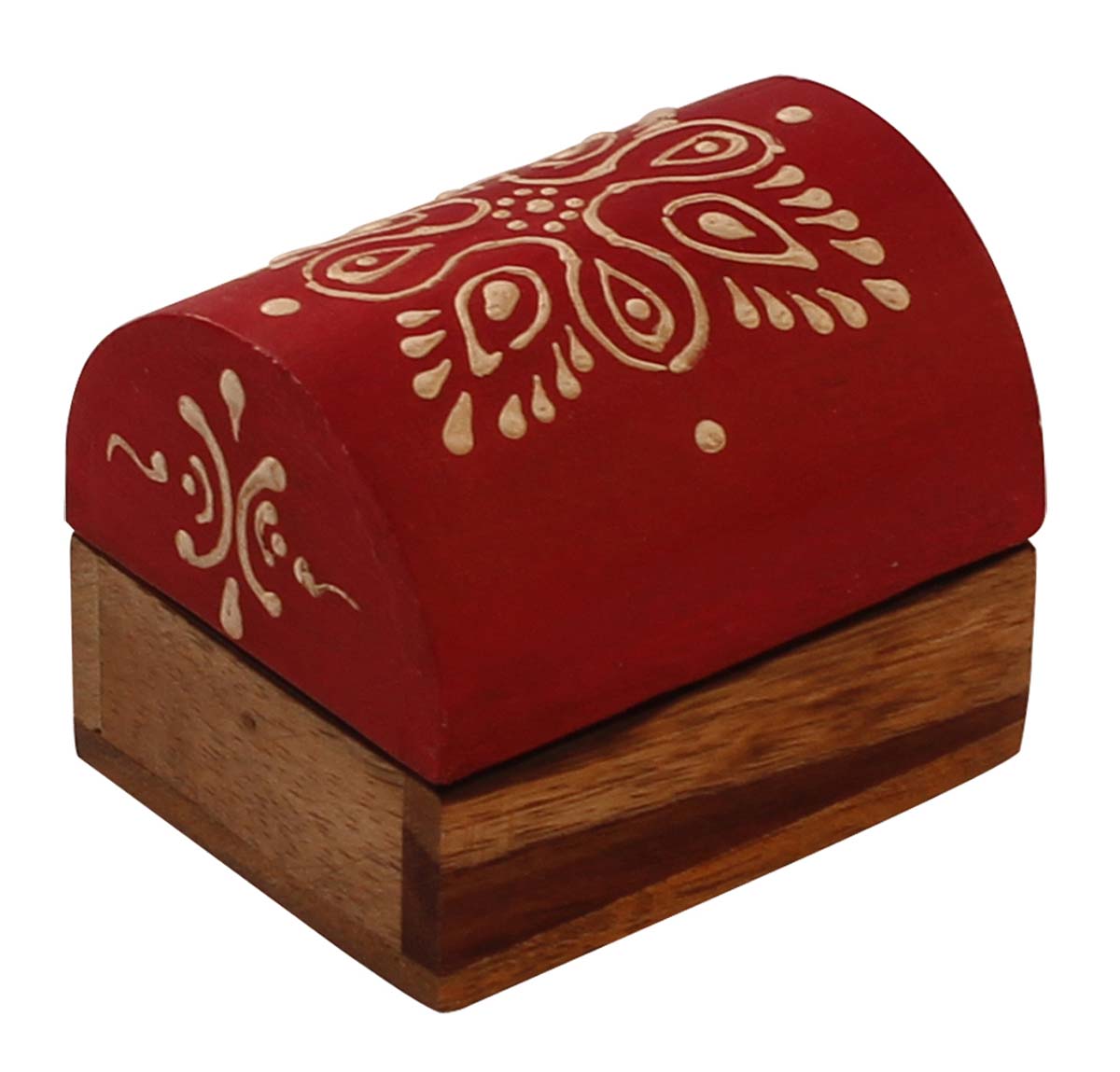 Wholesale 2.1x1.5” Trunk Shaped Wooden Jewelry Box in Bulk - Source Handmade Red & Natural-Wood Keepsake Box/Trinket Box Enhanced with Bright Cone-Painting Art from India