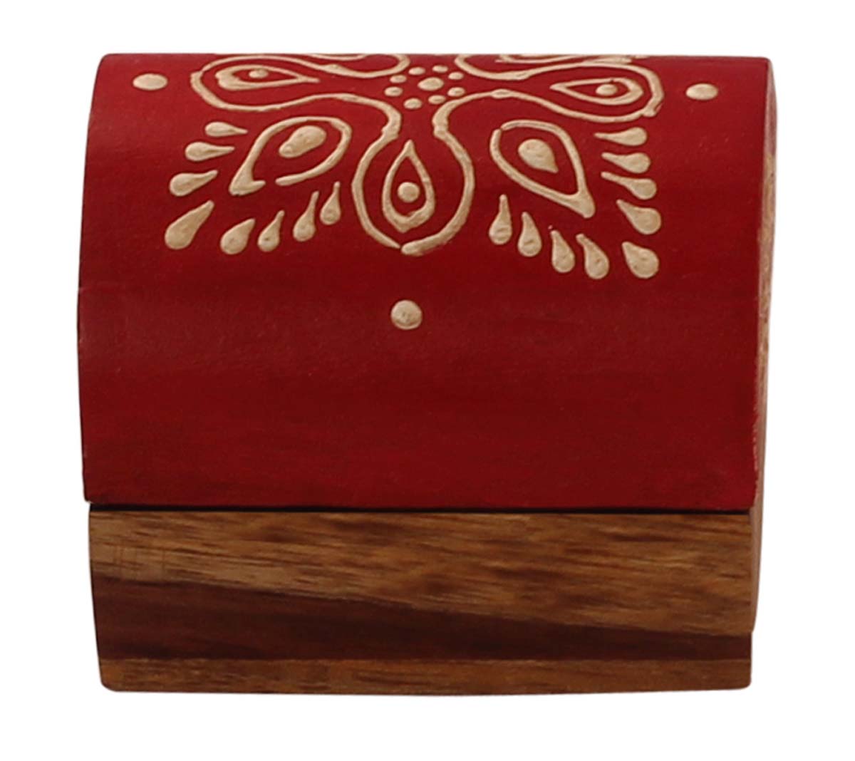 Wholesale 2.1x1.5” Trunk Shaped Wooden Jewelry Box in Bulk - Source Handmade Red & Natural-Wood Keepsake Box/Trinket Box Enhanced with Bright Cone-Painting Art from India