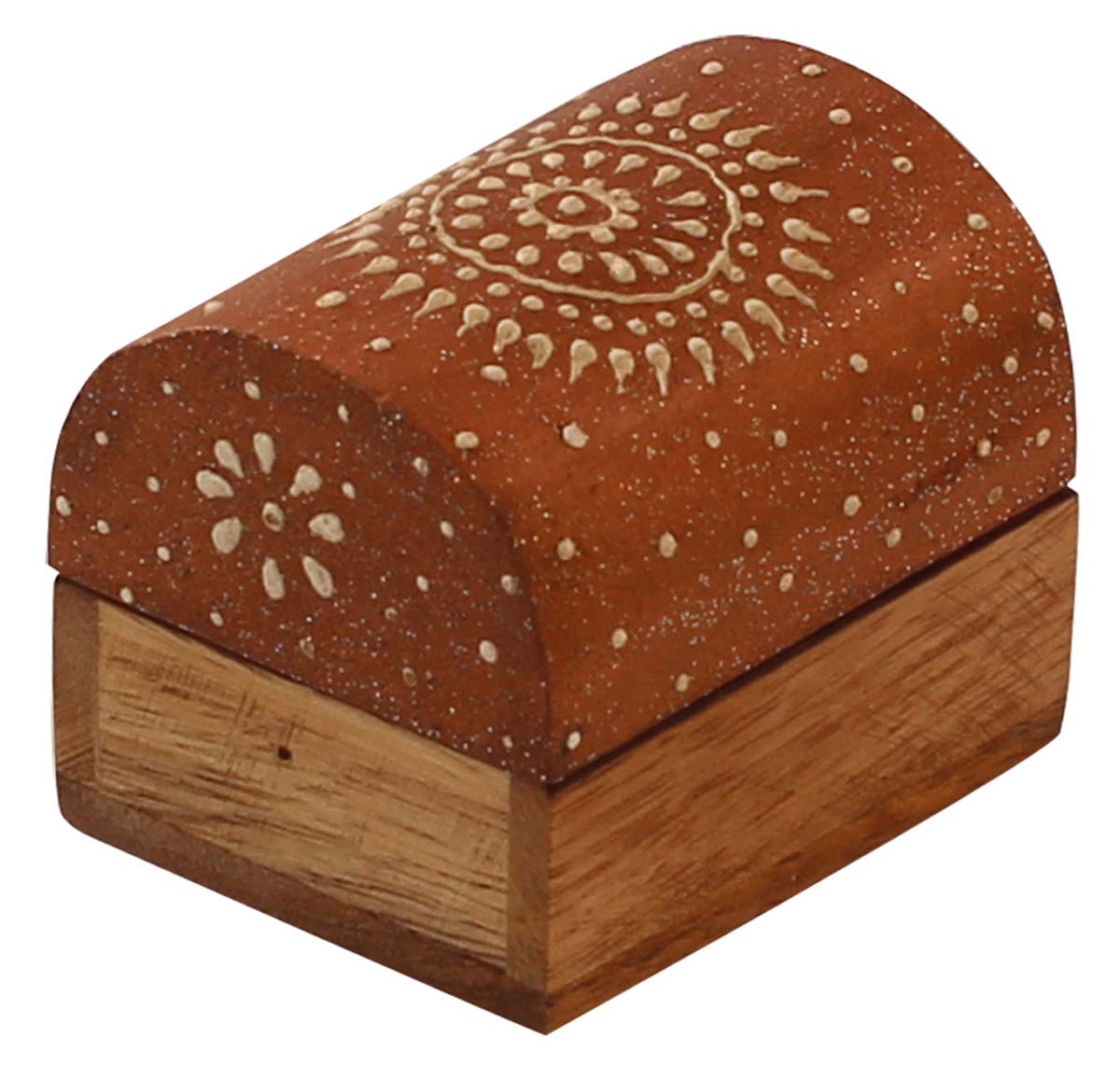 Wholesale 2.1x1.5” Trunk Shaped Wooden Jewelry Box in Bulk - Source Handmade Copper & Natural-Wood Keepsake Box/Trinket Box Enhanced with Bright Cone-Painting Art from India