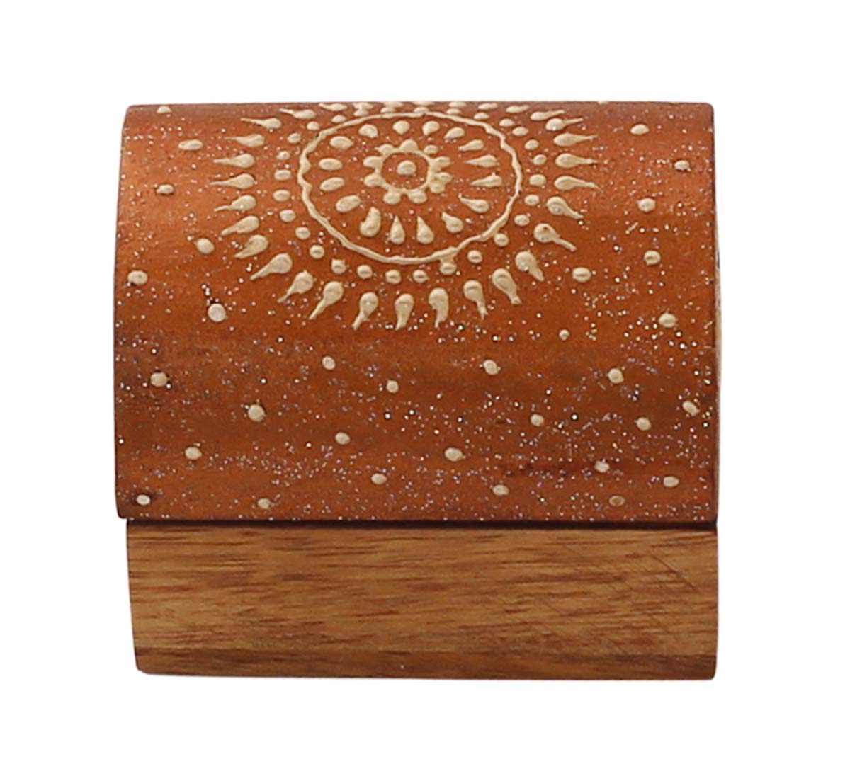 Wholesale 2.1x1.5” Trunk Shaped Wooden Jewelry Box in Bulk - Source Handmade Copper & Natural-Wood Keepsake Box/Trinket Box Enhanced with Bright Cone-Painting Art from India