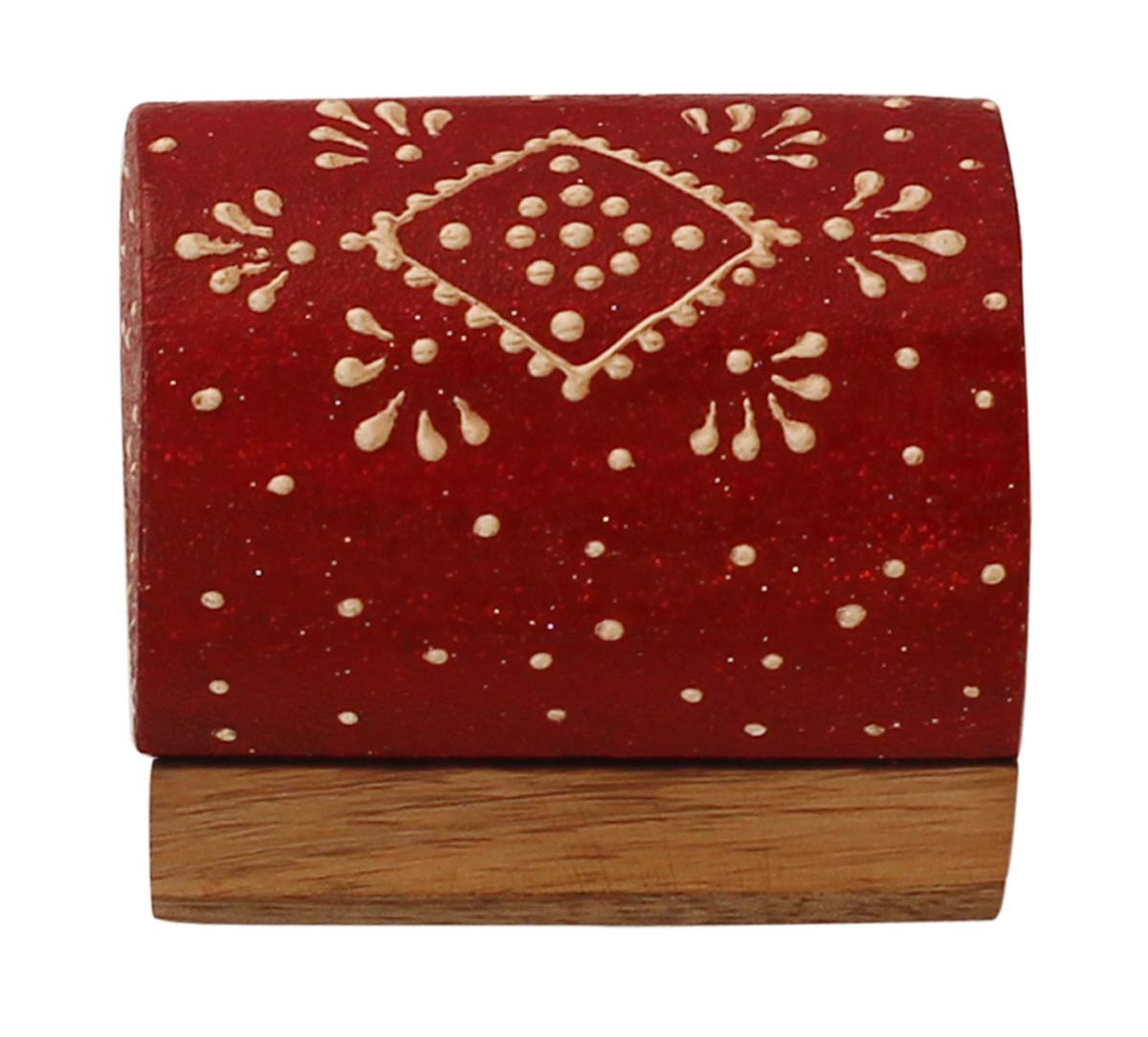 Wholesale 2.1x1.5” Trunk Shaped Wooden Jewelry Box in Bulk - Source Handmade Maroon & Natural-Wood Keepsake Box/Trinket Box/Ring Box Enhanced with Bright Cone-Painting Art from India