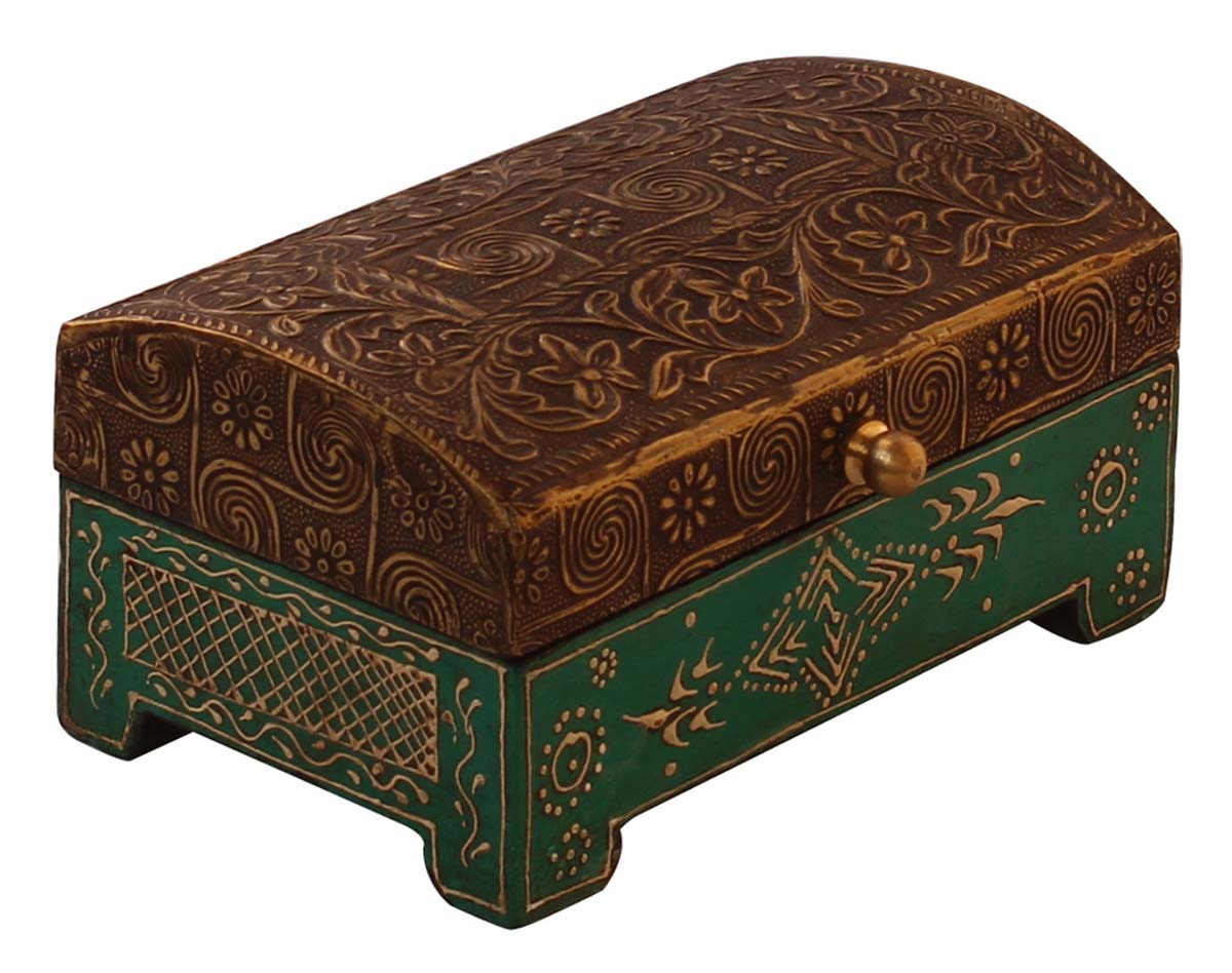 Wholesale 6x3.5” Decorative Wooden Jewelry Box in Bulk - Source Handmade Golden & Green Keepsake Box/Trinket Box/Ring Box Enhanced with Bright Cone-Painting Art from India