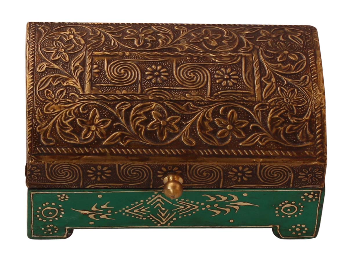 Wholesale 6x3.5” Decorative Wooden Jewelry Box in Bulk - Source Handmade Golden & Green Keepsake Box/Trinket Box/Ring Box Enhanced with Bright Cone-Painting Art from India
