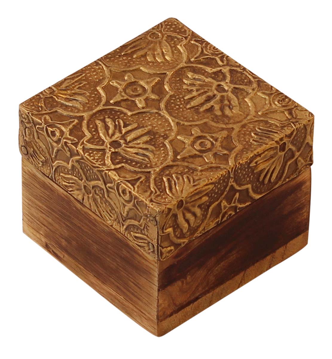 Source 2.5” Wooden Jewelry Box in Bulk - Wholesale Square Handmade Keepsake Box/Trinket Box in Golden & Natural Wood Color Enhanced with Floral Motifs Brass-Sheet from India