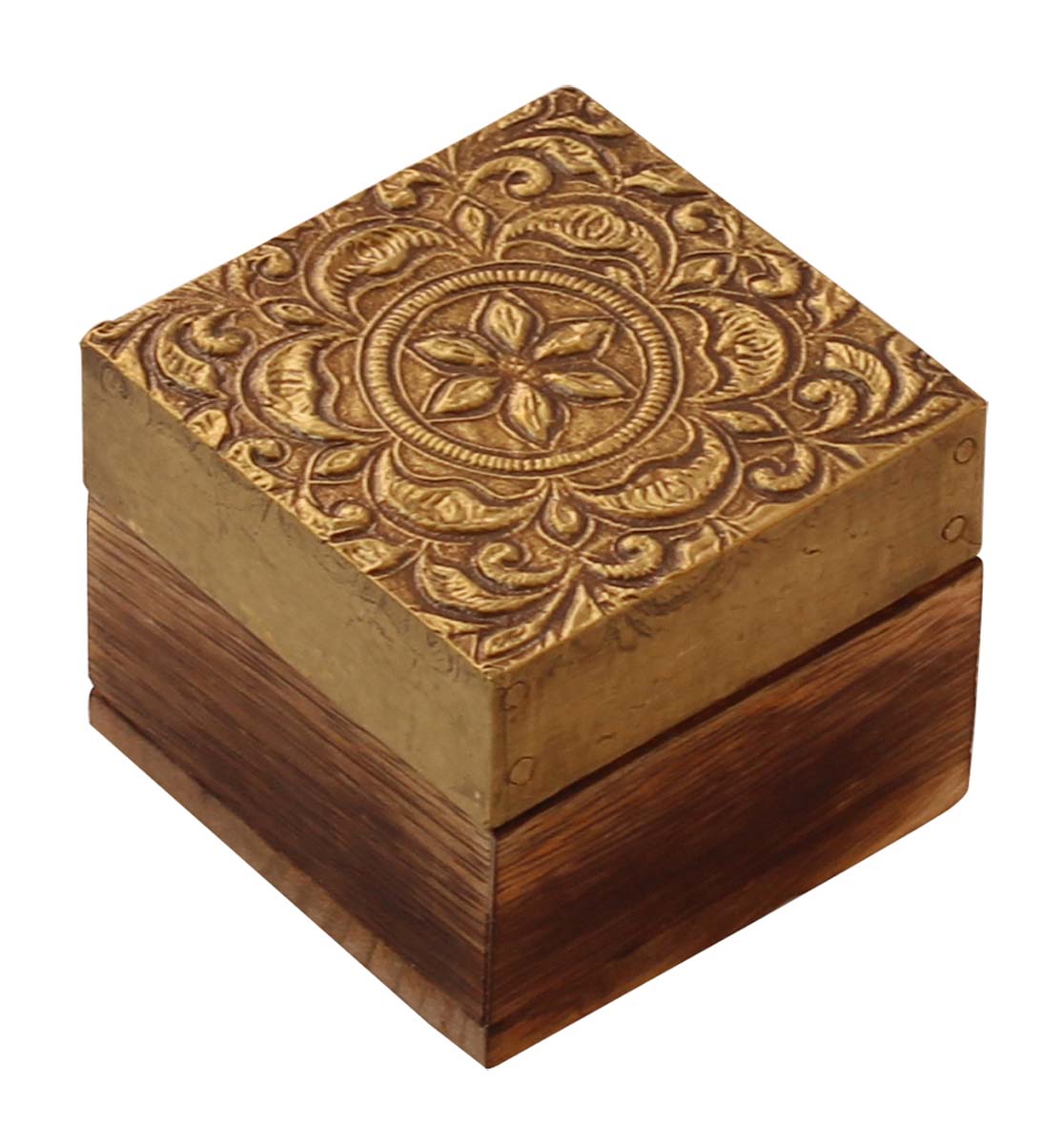 Source Wooden Jewelry Box in Bulk - Wholesale 2.5” Square Handmade Keepsake Box/Trinket Box in Golden & Natural Wood Color Enhanced with Floral Motifs Brass-Sheet from India