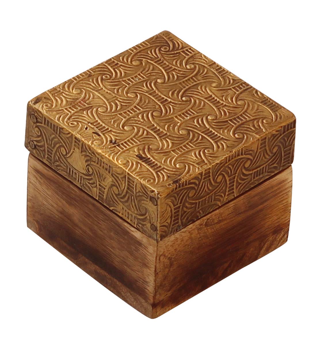 Wholesale Wooden Jewelry Box - Bulk Buy Square Hand Carved 2.5” Keepsake Box/Trinket Box Brass Embossing On Lid With Traditional-Look Motifs