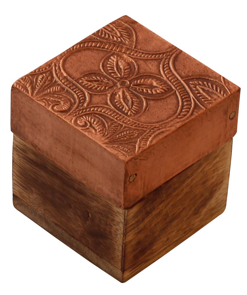 Wholesale Wooden Jewelry Box in Bulk - Source 2” Square Handmade Keepsake Box/Trinket Box in Copper & Natural Wood Color Enhanced with Brass-Sheet from India