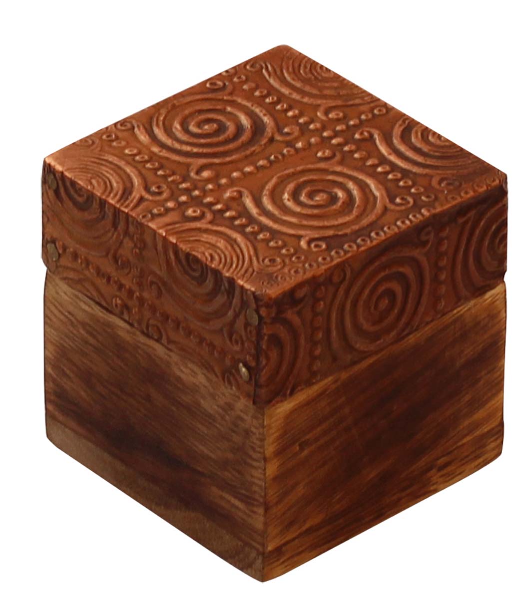 Wholesale 2” Wooden Jewelry Box in Bulk - Source Square Handmade Wood Keepsake Box/Trinket Box in Copper & Natural Wood Color Enhanced with Brass-Sheet from India