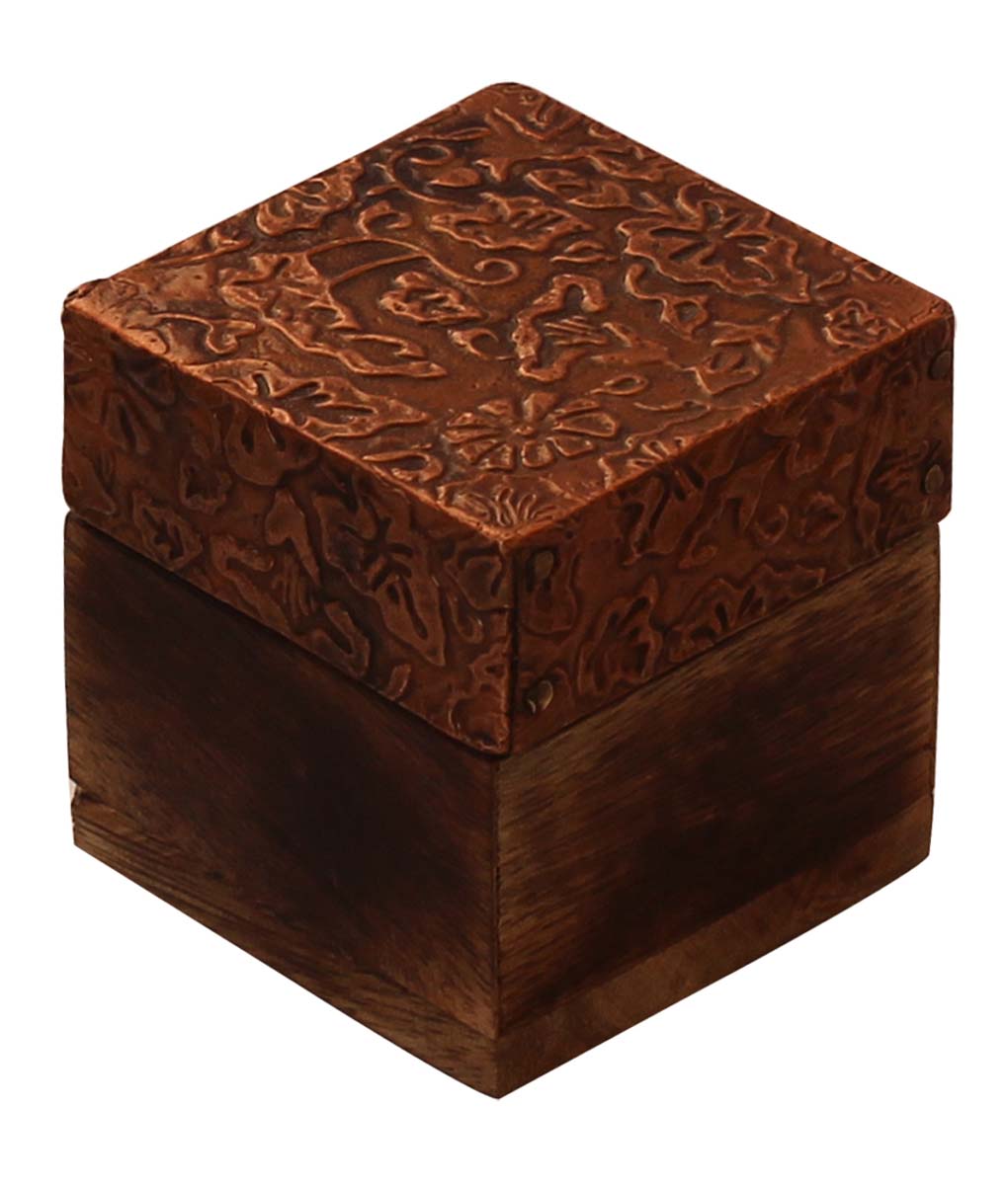 Wholesale Wooden Jewelry Box in Bulk - Source 2” Square Handmade Wood Keepsake Box/Trinket Box in Copper & Natural Wood Color Enhanced with Brass-Sheet from India