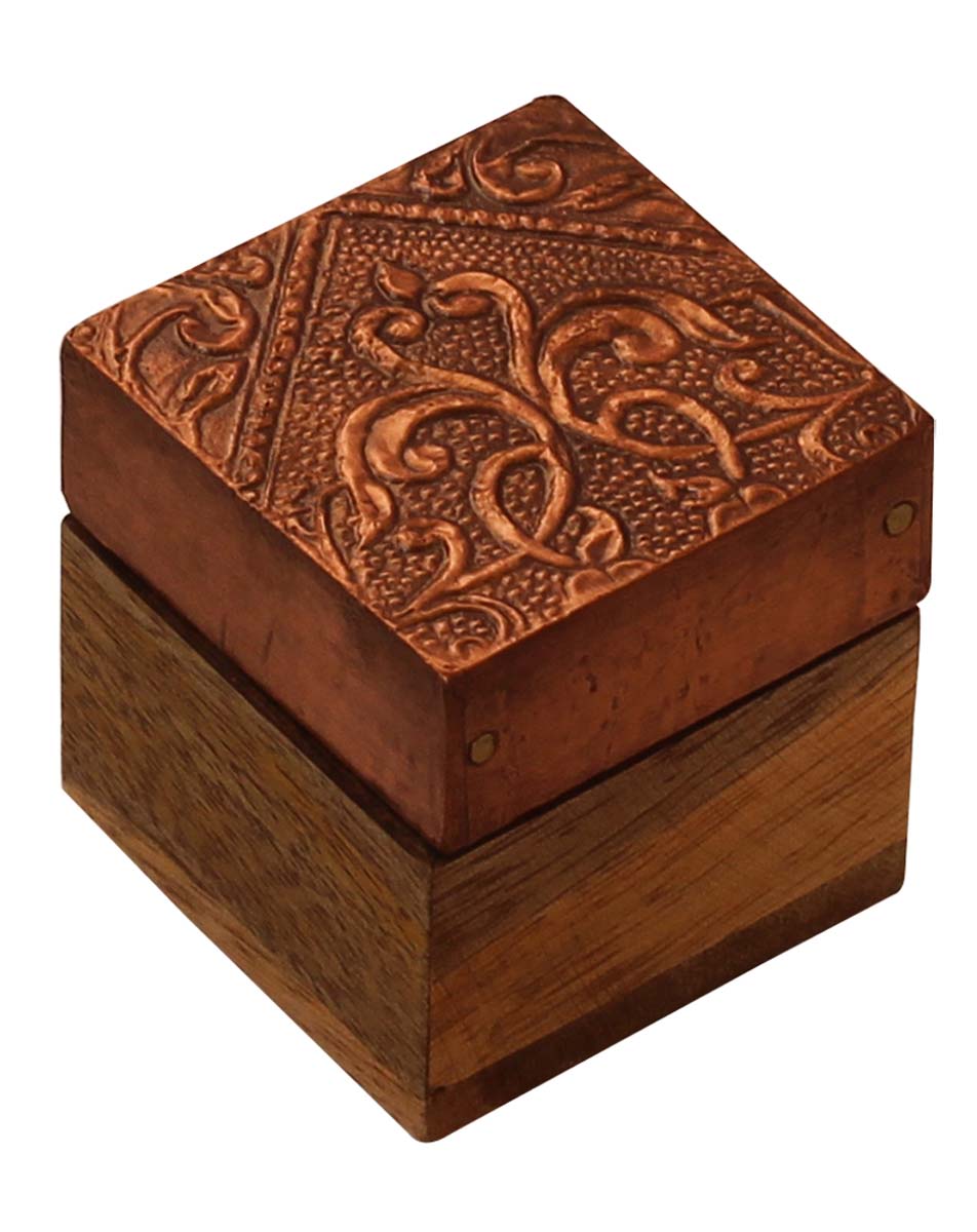 Wooden Jewelry Box in Bulk - Wholesale 2” Square Handmade Wood Keepsake Box/Trinket Box in Copper & Natural Wood Color Enhanced with Brass-Sheet from India