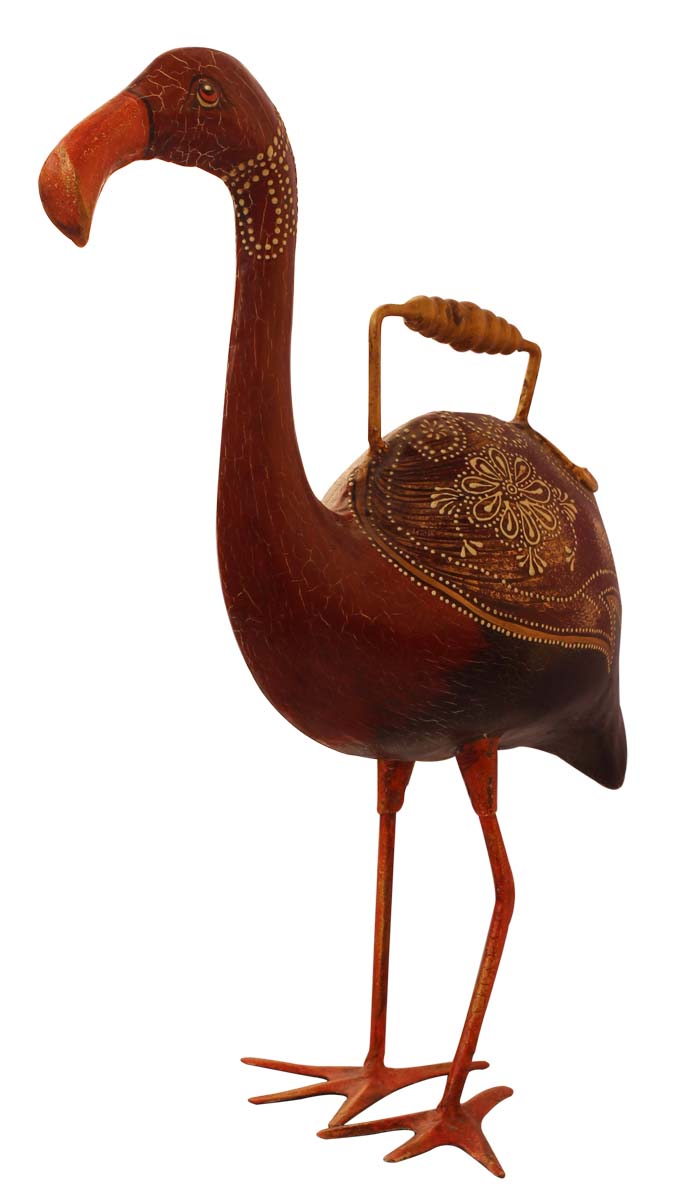 Bulk Wholesale Watering Can/Pot in Iron Hand-Crafted 15” Flamingo Decorated with Cone-Painting Art on Maroon Color - Ethnic-Look Home Essentials/Garden Decor from India