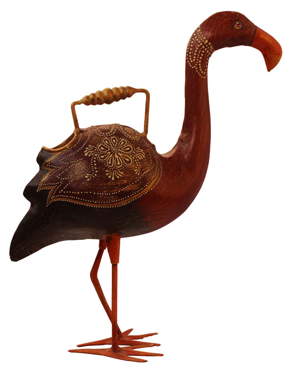 Bulk Wholesale Watering Can/Pot in Iron Hand-Crafted 15” Flamingo Decorated with Cone-Painting Art on Maroon Color - Ethnic-Look Home Essentials/Garden Decor from India