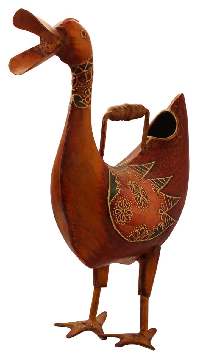 Bulk Wholesale Duck Watering Can/Pot Hand-Crafted in Iron Decorated with Cone-Painting Art on Rust-Brown Color 15 Inch - Ethnic-Look Home Essentials/Garden Decor from India
