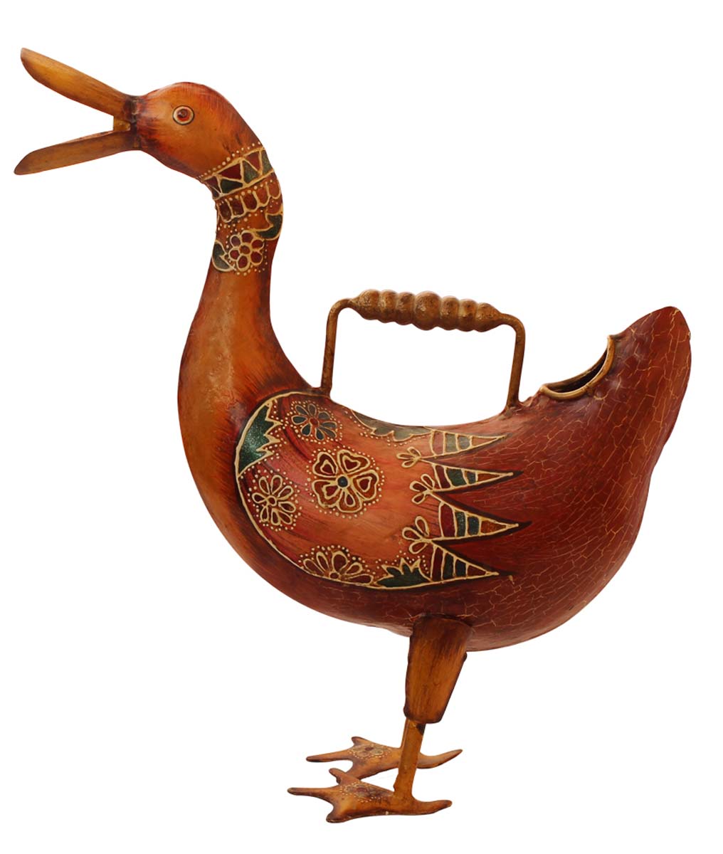 Bulk Wholesale Duck Watering Can/Pot Hand-Crafted in Iron Decorated with Cone-Painting Art on Rust-Brown Color 15 Inch - Ethnic-Look Home Essentials/Garden Decor from India