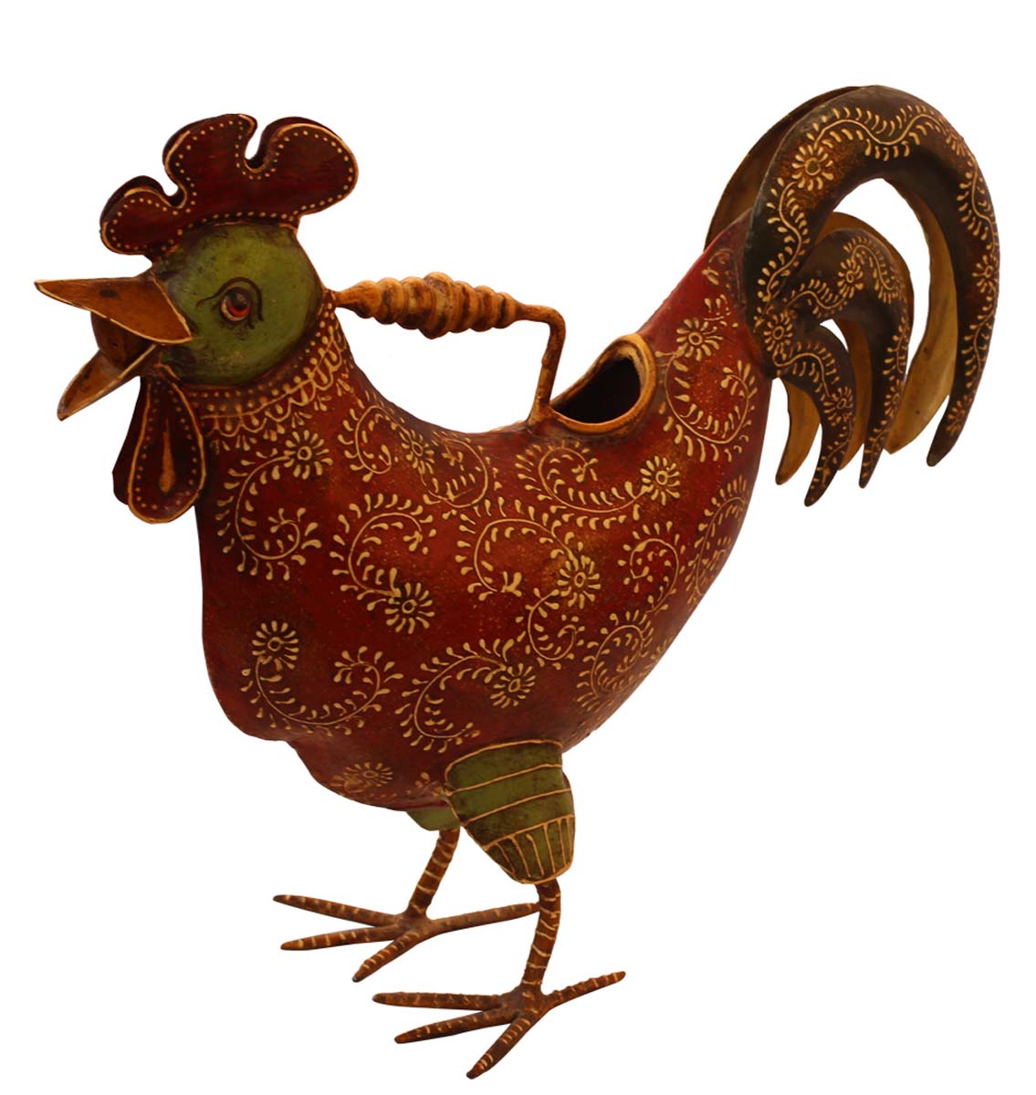 Bulk Wholesale Watering Can/Pot in Iron Decorated Hand-Crafted 13” Rooster-Shaped Red & Green with Colorful Cone-Painting Art - Ethnic-Look Home Essentials/Garden Decor from India
