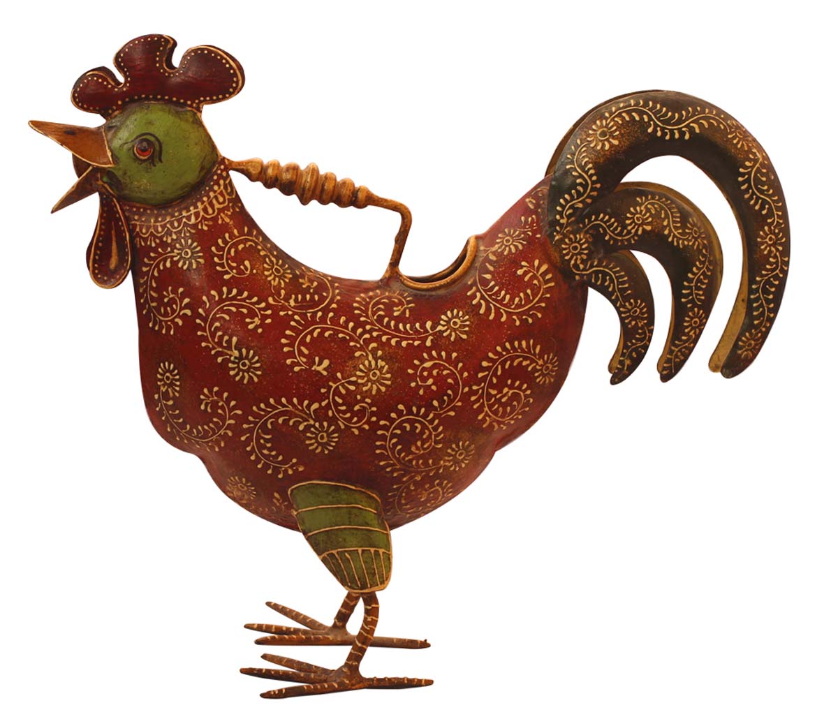 Bulk Wholesale Watering Can/Pot in Iron Decorated Hand-Crafted 13” Rooster-Shaped Red & Green with Colorful Cone-Painting Art - Ethnic-Look Home Essentials/Garden Decor from India