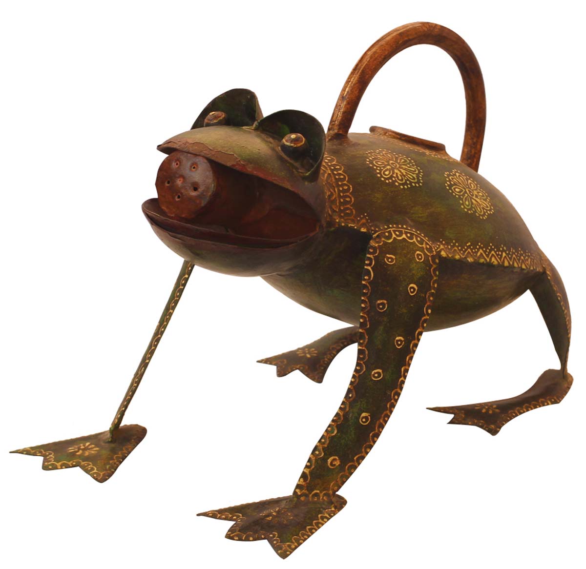 Bulk Wholesale Watering Can/Pot in Iron Decorated Hand-Crafted 11” Frog-Shaped Green with Colorful Cone-Painting Art - Ethnic-Look Home Essentials/Indoor/Outdoor Garden Decor from India