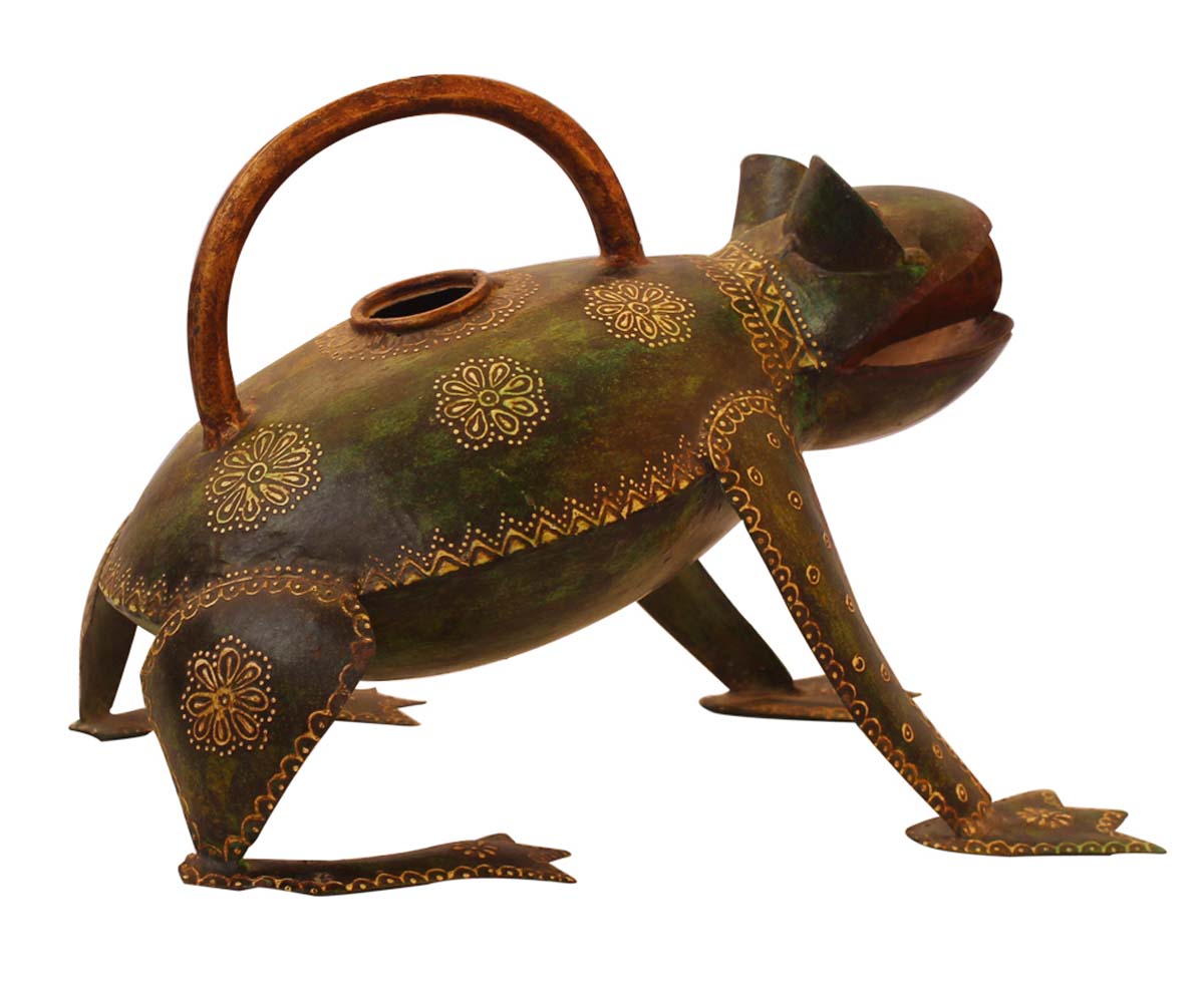 Bulk Wholesale Watering Can/Pot in Iron Decorated Hand-Crafted 11” Frog-Shaped Green with Colorful Cone-Painting Art - Ethnic-Look Home Essentials/Indoor/Outdoor Garden Decor from India