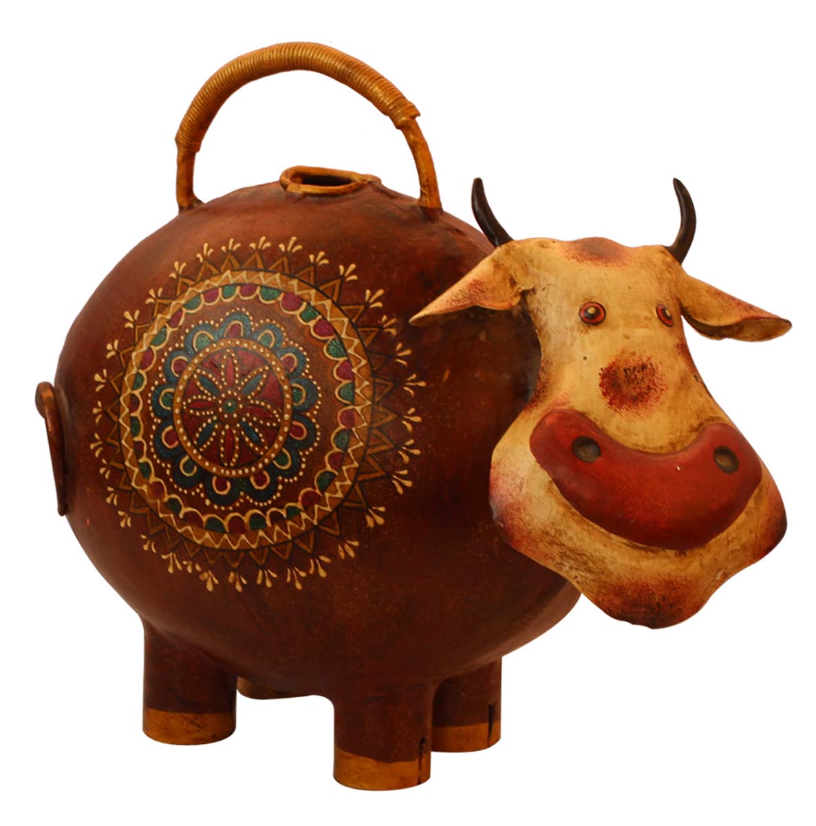 Bulk Wholesale Iron Watering Can/Pot Hand-Crafted in Cute Cow-Shaped Brown Decorated with Colorful Cone-Painting Art - Ethnic-Look Home Essentials/Garden Decor from India